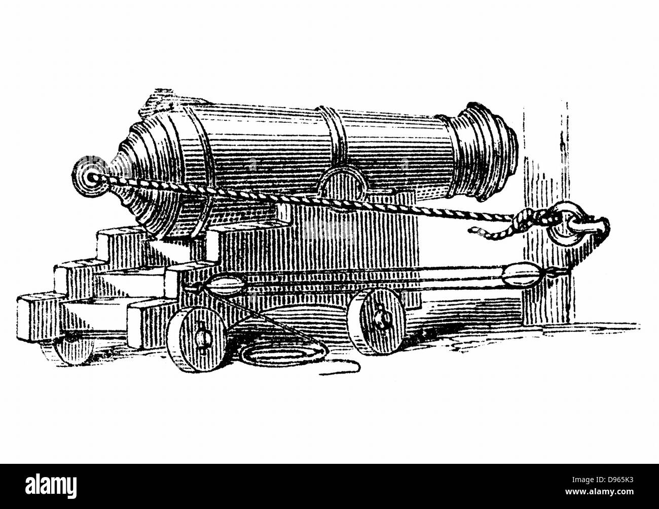 Carronade, short piece of naval ordnance with large calibre chamber, like a mortar. Name said to come from Carron Ironworks, Scotland. Wood engraving, c1884. Stock Photo