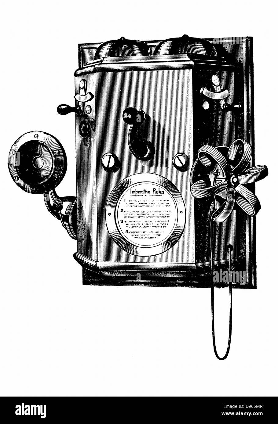 Edison telephone in a wall-mounted box. Wood engraving, New York, 1890 Stock Photo