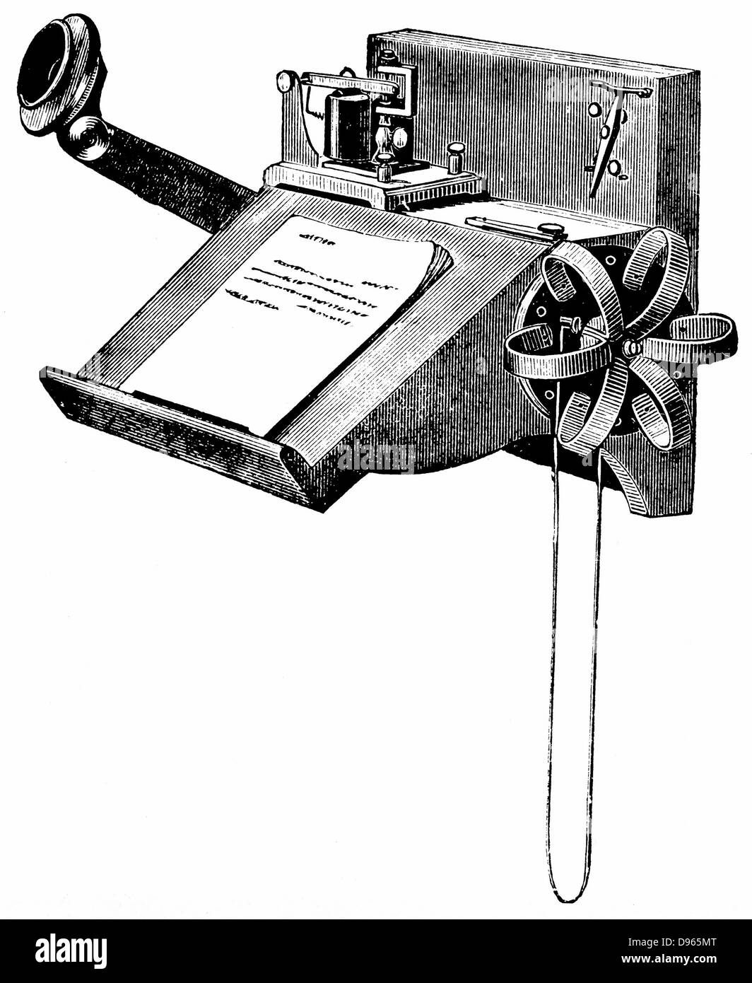 Edison carbon telephone: Wall-mounted model with 'pony-crown' receiver (right). Wood engraving, New York, 1879 Stock Photo