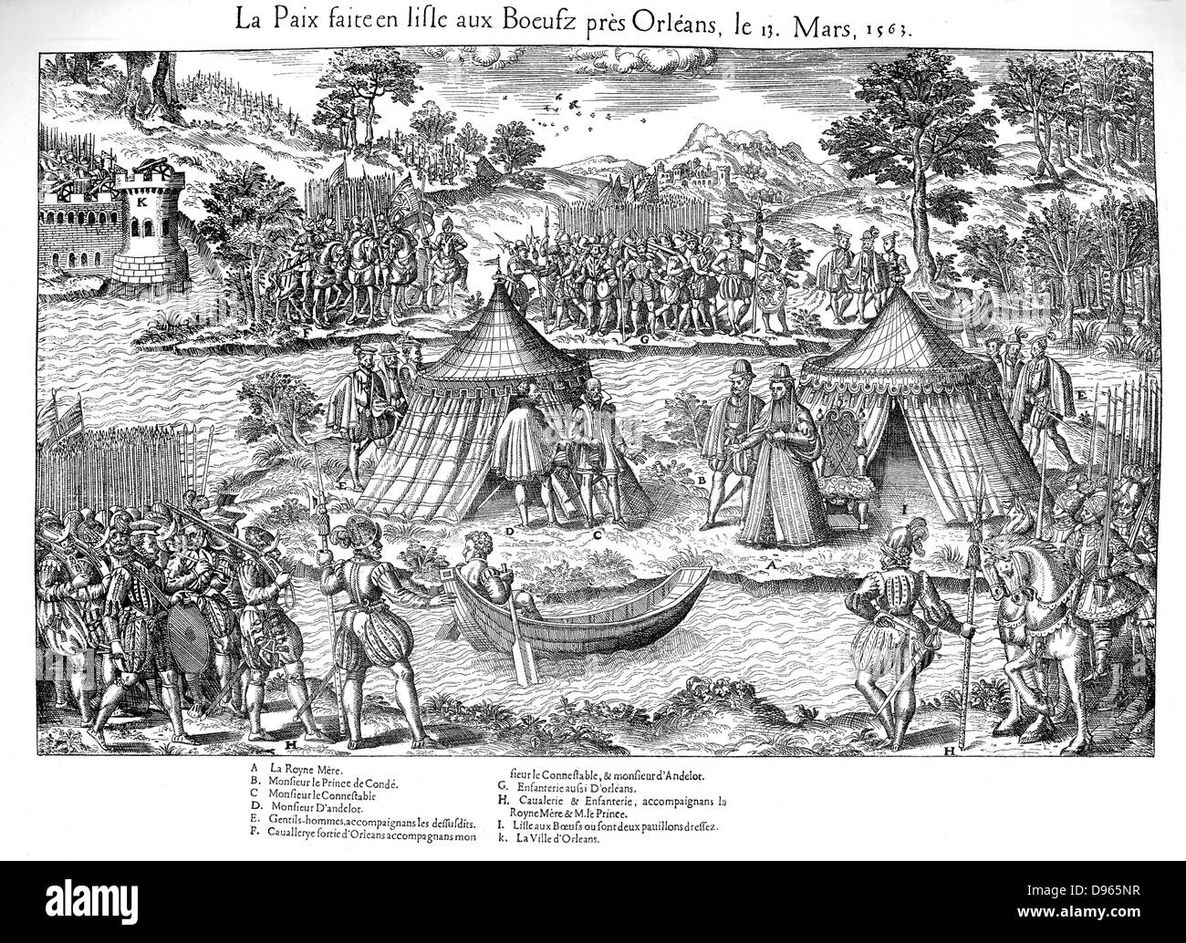 French Religious Wars 1562-1968. The Peace of Amboise, 12 March 1563, which ended the first religious war, held on the Isle de Boeuf, Orleans. Catherine de Medici (1519-1589), A. Louis, Prince de Conde (1530-1569) leader of the Huguenots, B. Constable Anne de Montmorency, Constable of France (1493-1767), C. Francois de Coligny, seigneur d'Andelot (1521-1569), Huguenot commander, D. Engraving by Jacques Tortorel (fl1568-1590) and Jean-Jacques Perrissin (c1536-1617) from their series on the Huguenot Wars, c1570. Stock Photo
