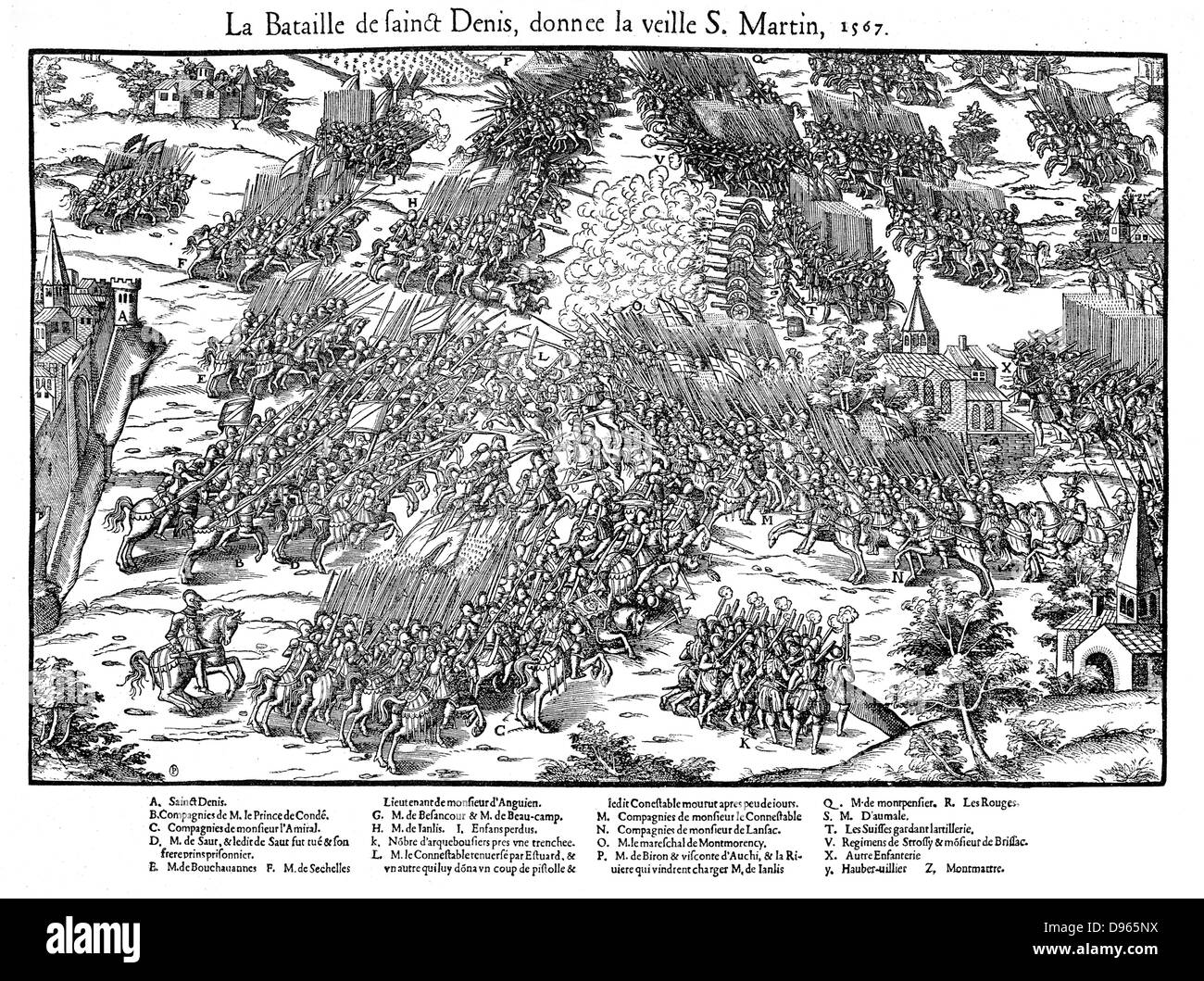 French Religious Wars 1562-1598 Battle of St Denis, 10 November 1567, between Huguenots under Louis, Prince de Conde (1530-1569) and the royal army under Anne de Montmorency (1493-1567) who was mortally wounded in the battle. Huguenots defeated.  Engraving by Jacques Tortorel (fl1568-1590) and Jean-Jacques Perrissin (c1536-1617) from their series on the Huguenot Wars, c1570. Stock Photo