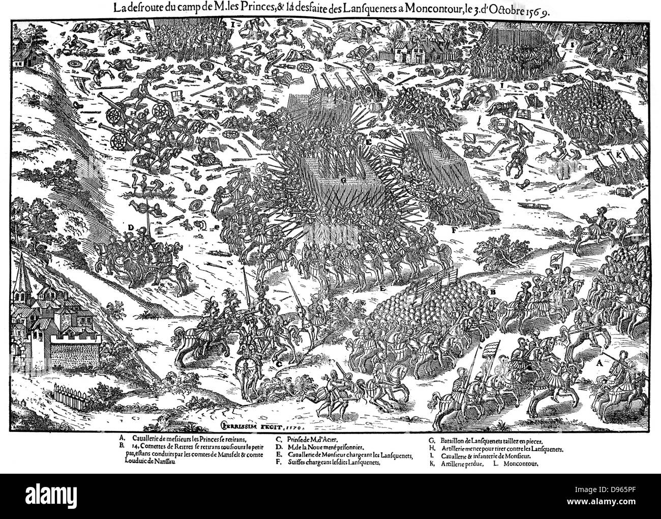 French Religious Wars 1562-1598. Battle of Montcontour 3 October  1569. Huguenots under Gaspard Coligny (1519-1572) took heavy losses during defeat by Catholics under Henry, duc d'Anjou (1551-1580), Henry III of France from 1574. In right foreground, Huguenots are retreating. Engraving by Jacques Tortorel (fl1568-1590) and Jean-Jacques Perrissin (1536-1617) from their series on the Huguenot Wars, c1570. Stock Photo