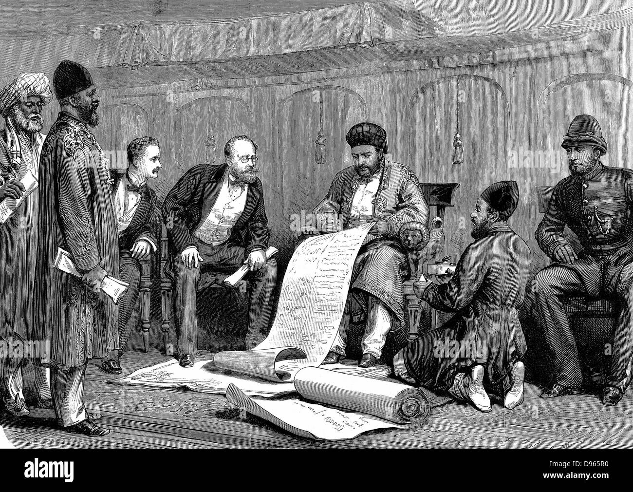 Second Anglo-Afghan War (1878-1880): Yakub (Yakoob) Khan, Afghan ruler, and Major Louis Cavagnari, the British negotiator, signing the Treaty of Gundamuk, 26 May 1879. Wood engraving 1879 Stock Photo