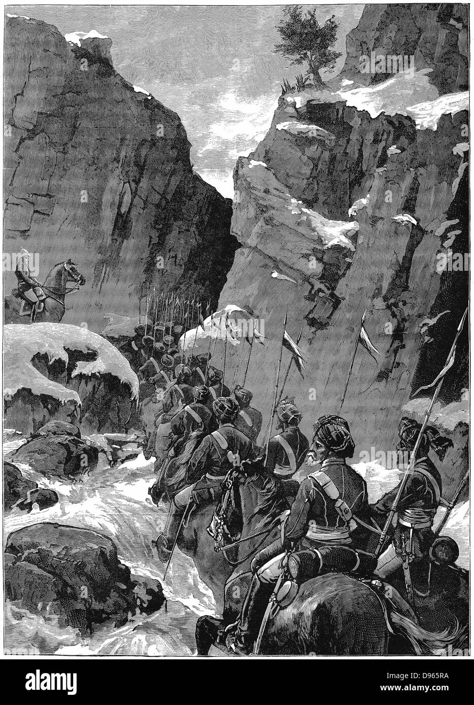 Second Anglo-Afghan War (1878-1880): 10th Bengal Lancers negotiating the Jugdulluk Pass supervised by a British officer, December 1879. Wood engraving. Stock Photo