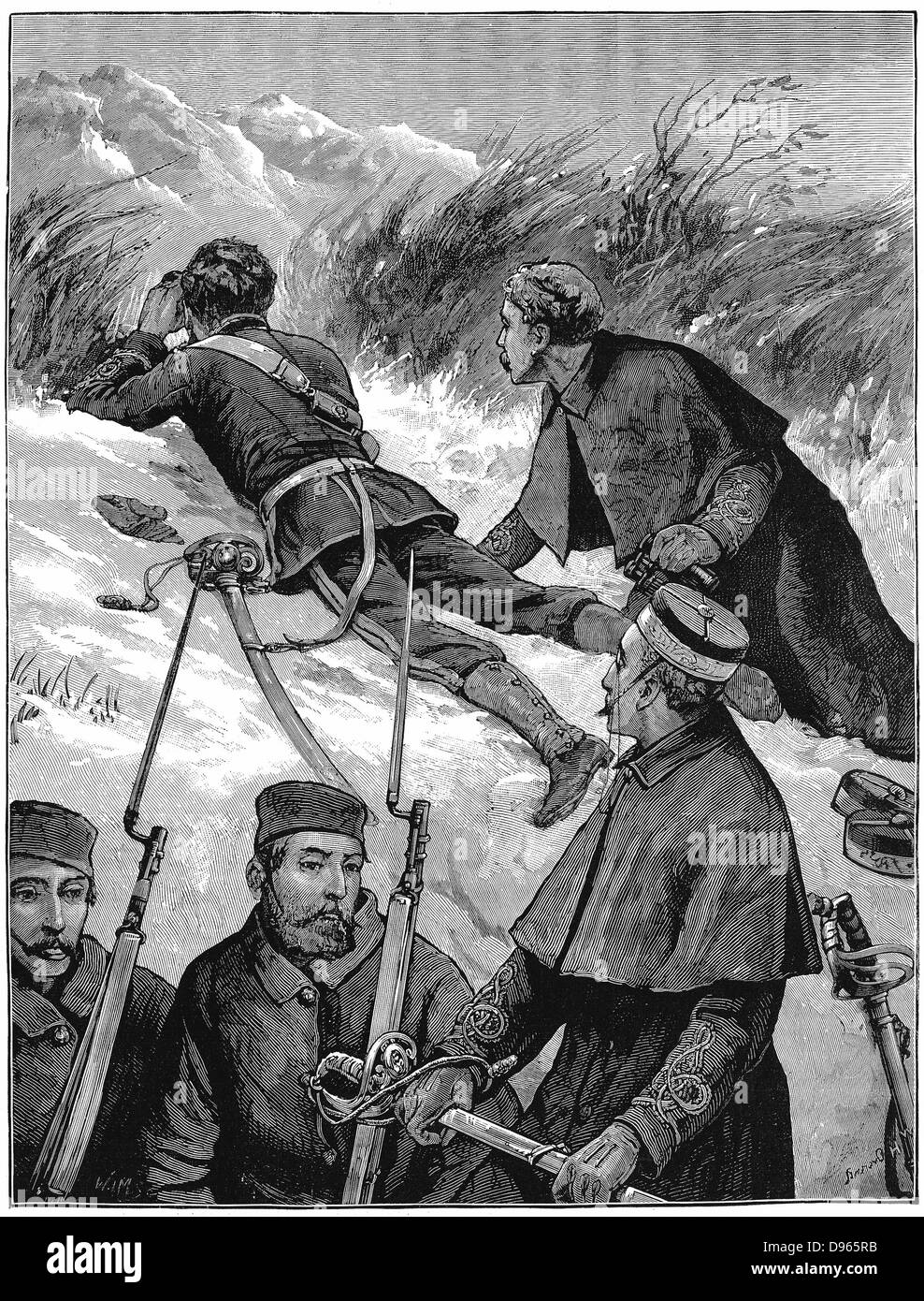 Second Anglo-Afghan War (1878-1880): British troops reconnoitring in mountains between Cabul valley and plain of Jellalabad. Wood engraving February 1880 Stock Photo