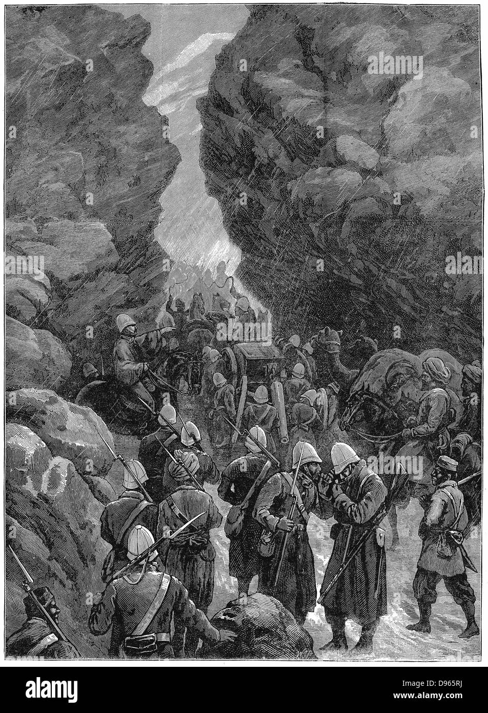 Second Anglo-Afghan War (1878-1880): A block in the Jugdulluk Pass: British troops having difficulties on their way to reinforce General Roberts at Cabul (Kabul). December 1879. Wood engraving, January 1880 Stock Photo