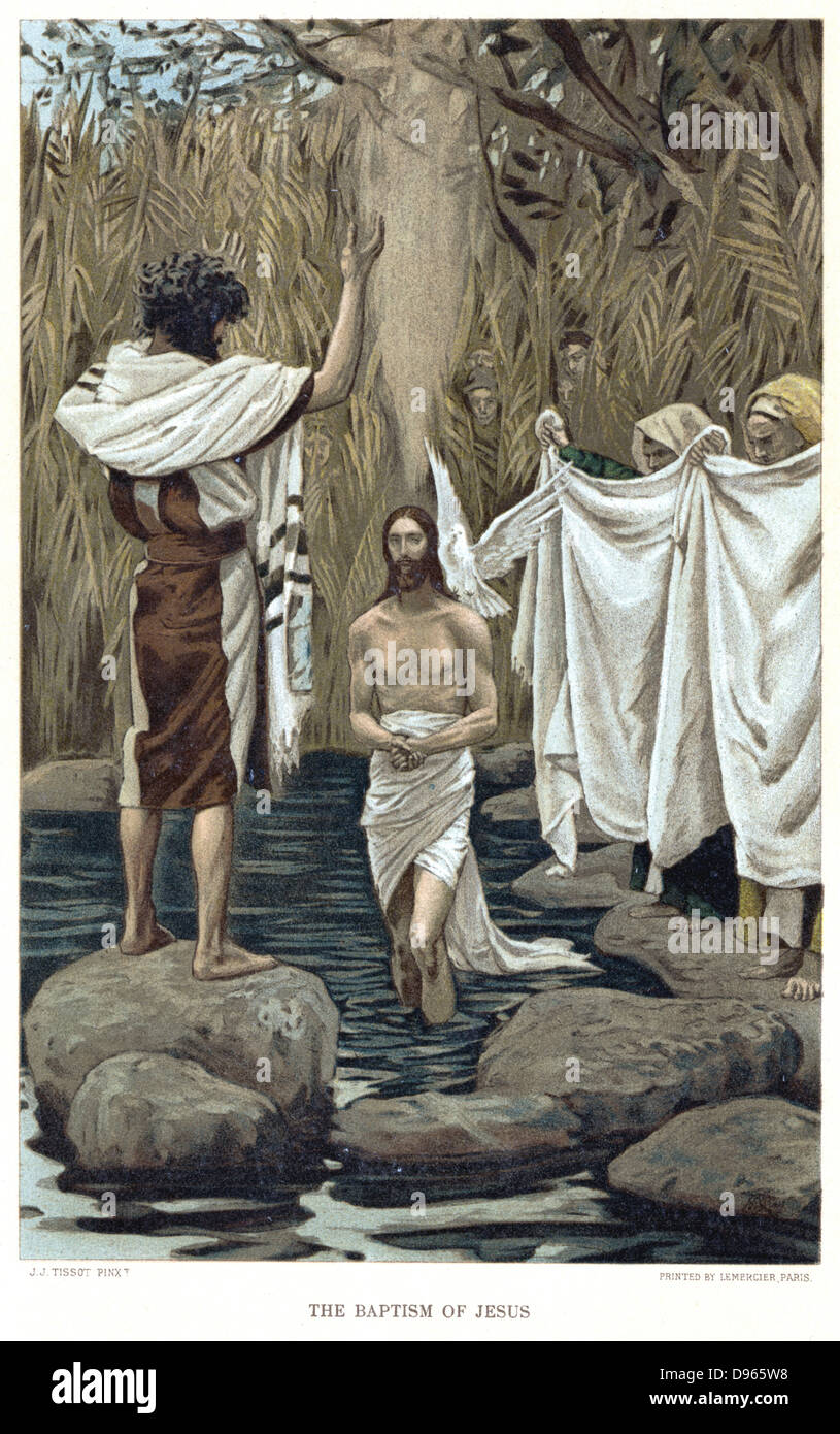 Baptism of Jesus by John the Baptist. Bible, New Testament. From J.J. Tissot 'The Life of our Saviour Jesus Christ' c1890. Oleograph. Stock Photo