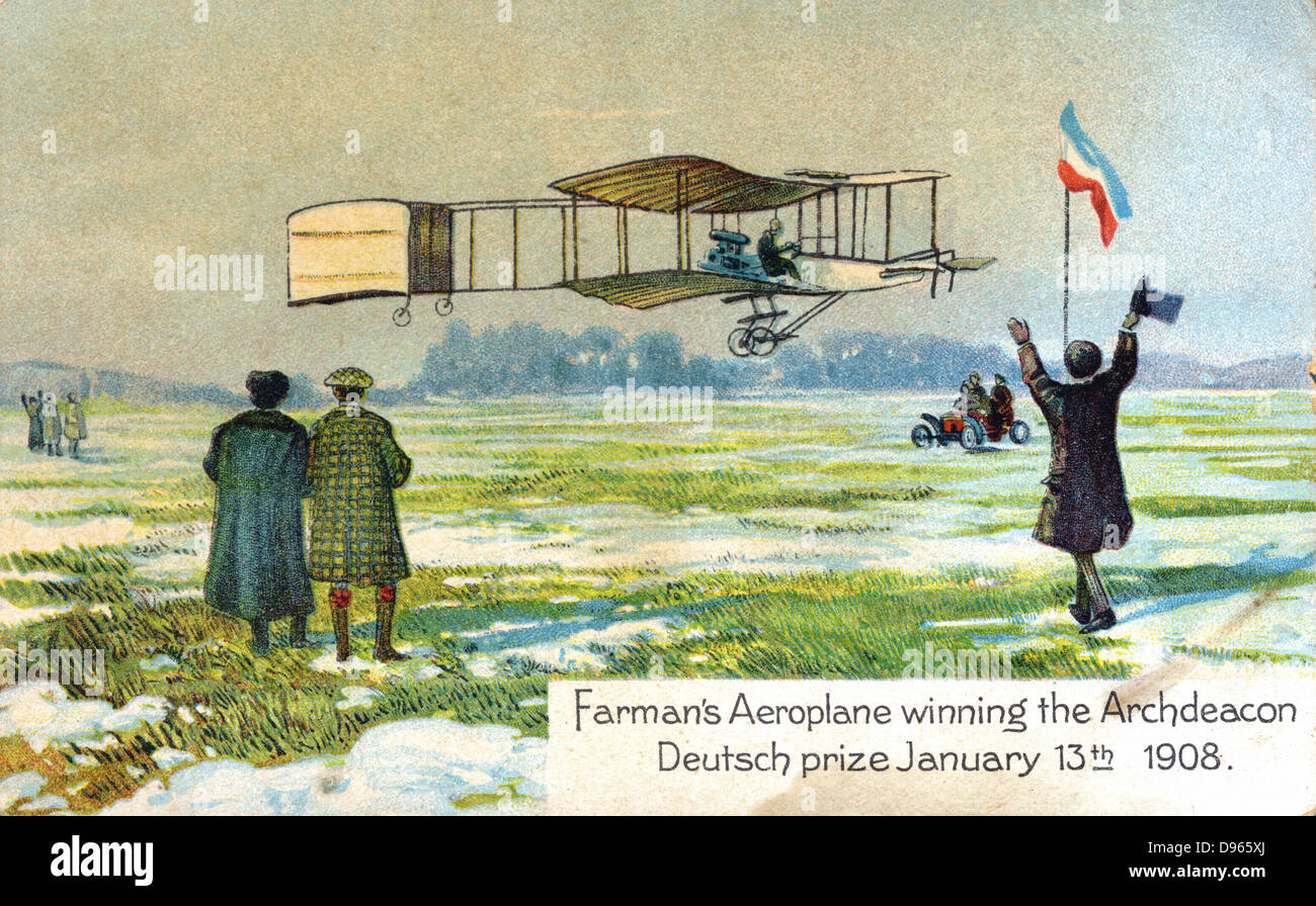 Henri Farman (1874-1958), French aviator and aircraft constructor, in his Voisin biplane winning Archdeacon Deutsch prize for first circular l kilometre flight, Paris, 13 January 1908. From series of postcards on flying machines published c1910. Chromolithograph Stock Photo