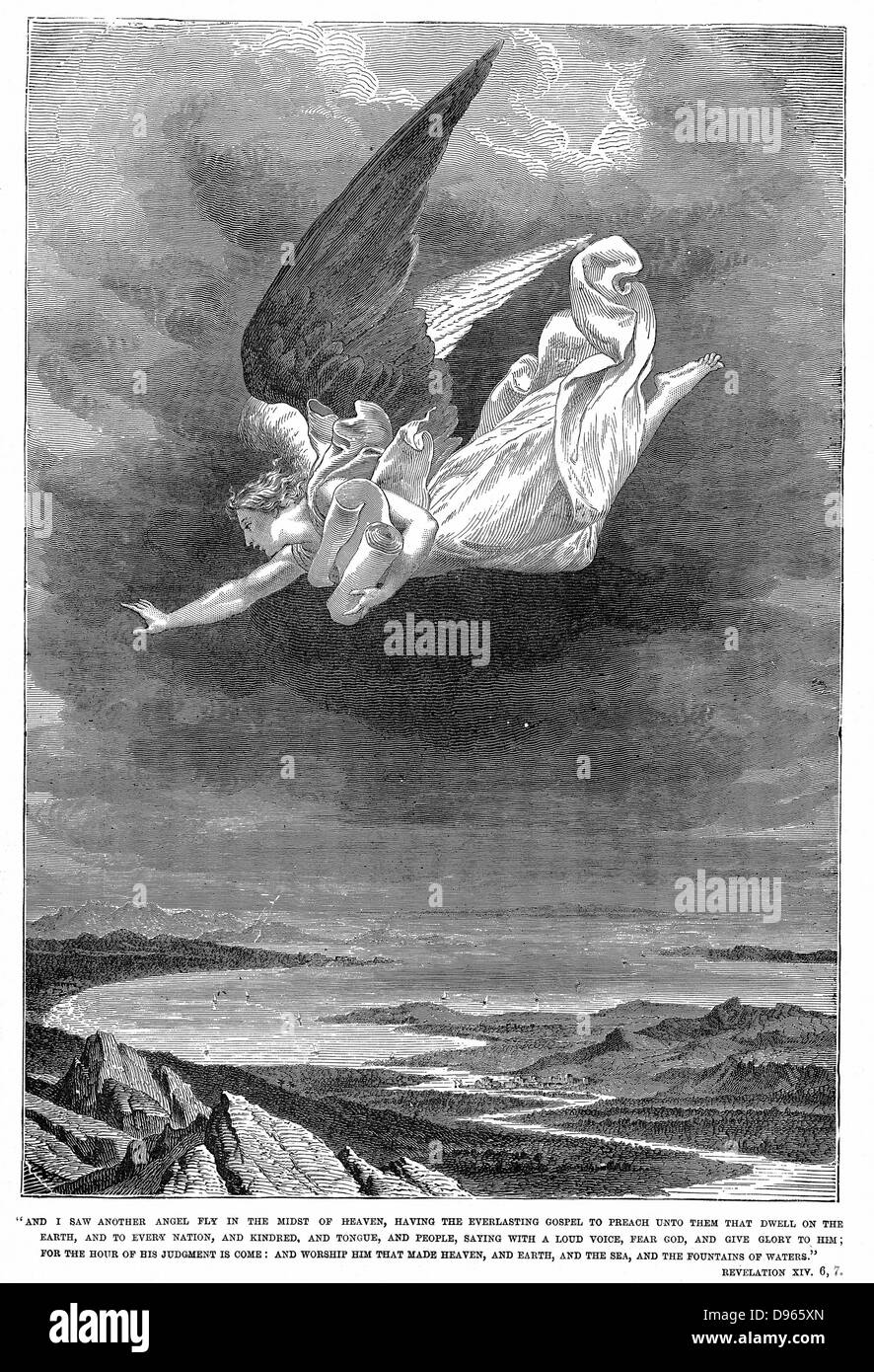 And I saw another angel fly ...'  'Bible': Book of Revelation XXIV 6,7. Wood engraving c1885. Stock Photo