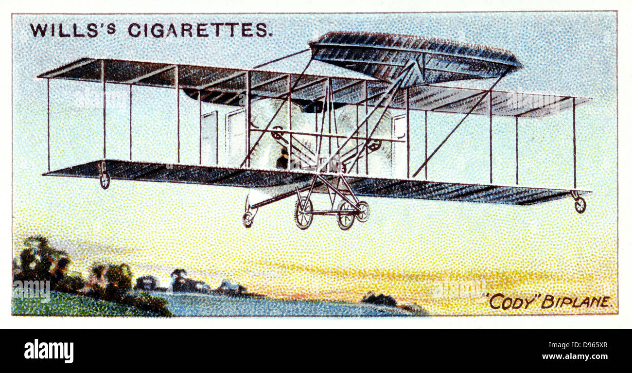 Samuel Franklin Cody (1862-1913) American-born British aviator.  Kite flying instructor to British army. Cody biplane c1909. Chromolithograph card of 1910. Stock Photo