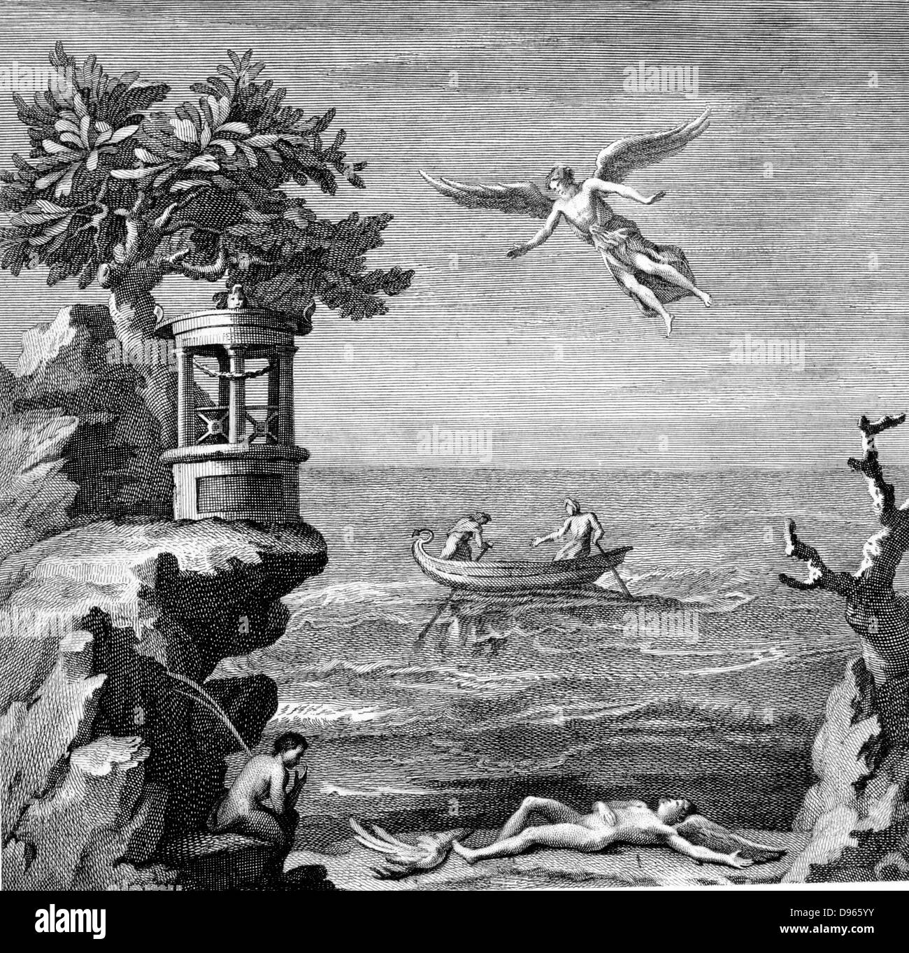 Death of Icaros. According to legend, in order to escape from Crete, Daedalus made wings of wax and feathers for himself and his son, but Icaros flew too near the Sun and his wings melted and he fell to his death 18th century engraving after wall painting Stock Photo