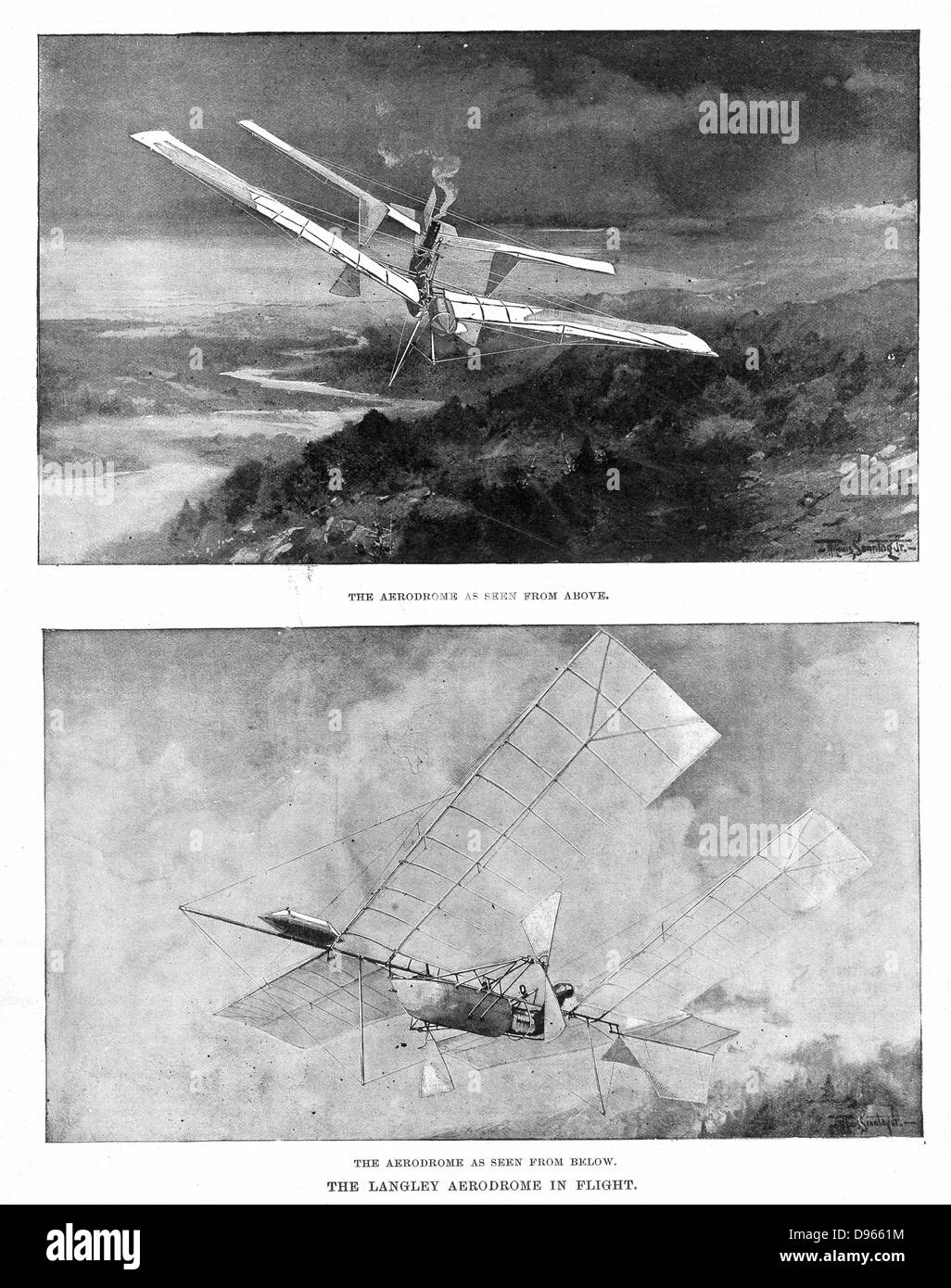 Samuel Pierpont Langley (1834-1906), American astronomer and aeronautical pioneer. Langley's steam-powered model plane 'Aerodrome' viewed from above and below. In 1896 Aerodrome 5 flew 3/4 mile. From 'Scientific American', November 1902 Stock Photo