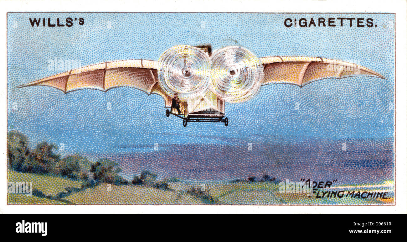 Ader's flying bird 'Eole' ('Aole').  Had wing span of 15m:  Wood and aluminium construction: Claimed to be first piloted plane to take off under own power 9 October 1890. From series of cards on aviation c1910. Chromolithograph. Stock Photo