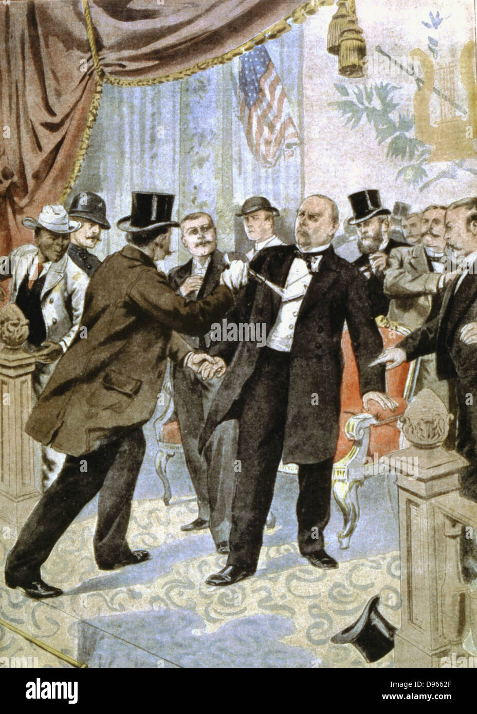 Assassination of William McKinley (1843-1901), 25th president of USA from 1896, shot by the anarchist Leon Czolgosz, Buffalo, N.Y., and died 8 days after. From 'Le Petit Journal', Paris, 22 September 1901. Stock Photo