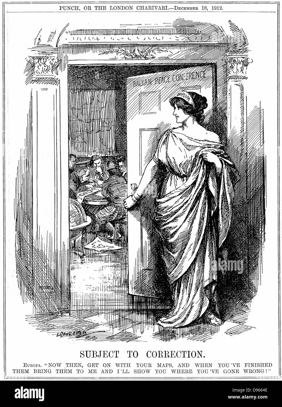 Balkan Wars 1912-1913: Peace Conference held in London, December 1912, ending First Balkan War.  An aprehensive figure of Europe stands at the door. Cartoon by L. Ravenhill for 'Punch', London, 18 December 1912. Stock Photo
