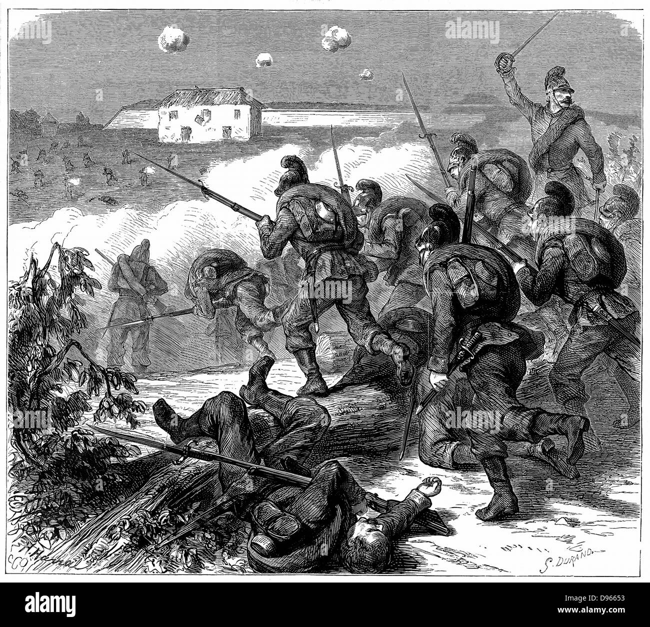 Franco-Prussian War 1870-1871. Bavarian troops of the Prussian army storming Bicetre.  Wood engraving, October 1870. Stock Photo