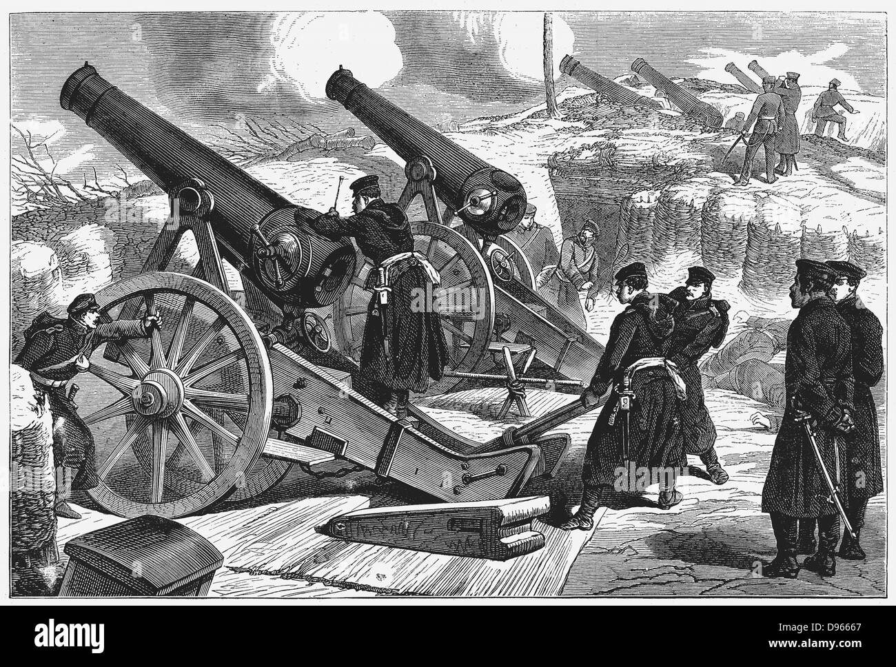 Franco-Prussian War 1870-1871: Prussian siege guns in front of Paris. Wood engraving, 11 February 1871 Stock Photo