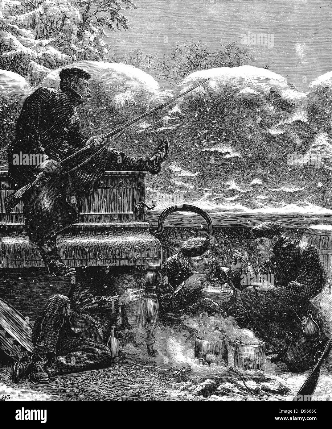 Franco-Prussian War 1870-1871: Prussian troops before Paris waiting for the sortie. One rifleman, bayonet fixed, sits on an upright piano keeping watch while his companions enjoy a meal and a smoke. Wood engraving, 17 December 1870. Stock Photo