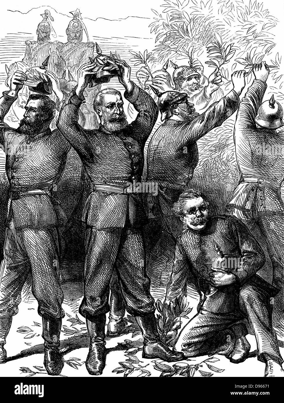 Franco-Prussian War 1870-1871: German troops in Paris crowning themselves with laurels in the Tuileries gardens, March 1871. Wood engraving c1880. Stock Photo