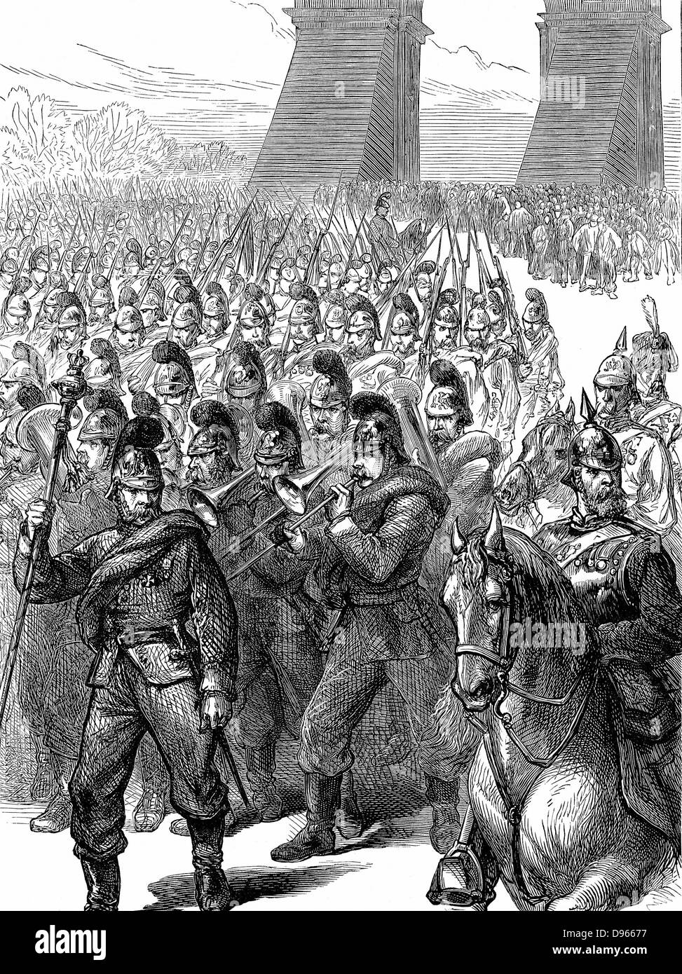 Franco-Prussian War 1870-1871: German troops marching into Paris. Wood engraving c1880 Stock Photo