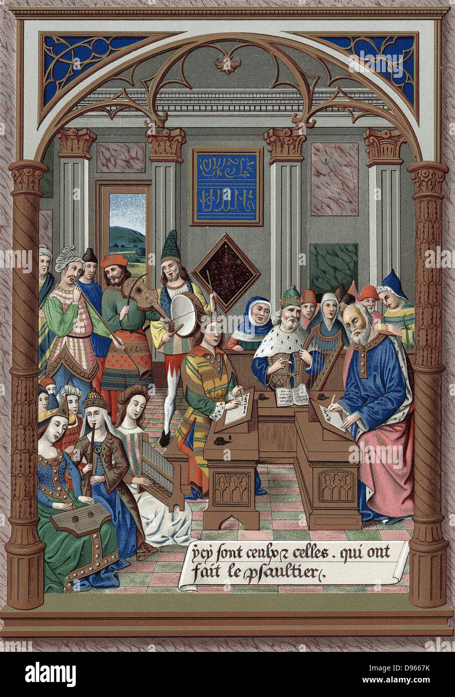 King Rene and his musical court. Rene (1409-80) Duke of Anjou and Lorraine, King of Naples, Jerusalem and Sicily. Arab/European interface - see writing on back wall. After 15th century manuscript of 'Breviary' of King Rene. Chromolithograph Stock Photo