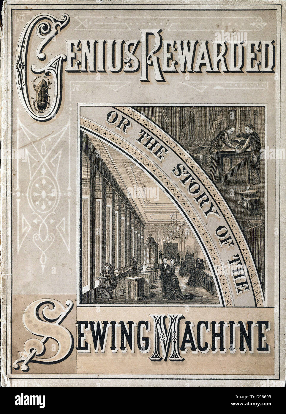 Isaac Merritt Singer (1811-1875) American inventor and manufacturer. Cover of booklet on the Singer sewing machine published New York c.1880, showing Singer working on his invention (top) and a Singer sewing machine factory (bottom). From 'Genius Rewarded Stock Photo