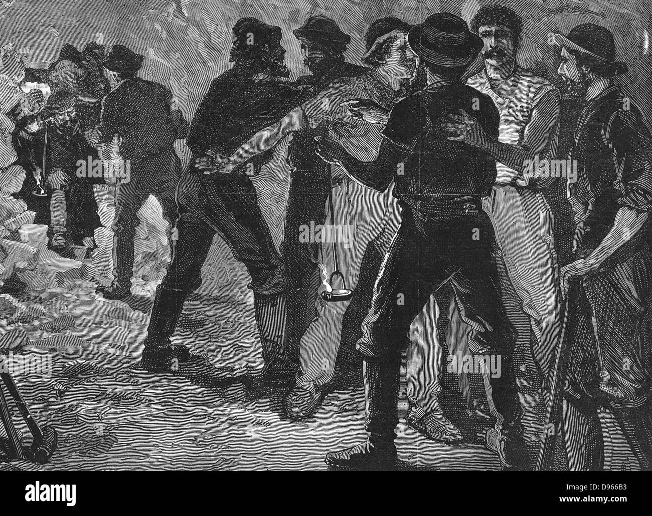 St Gothard Tunnel linking Italy and Switzerland by rail. Workmen from the two ends of the tunnel breaking through last piece of rock and meeting, 29 February 1880. Wood engraving March 1880. Stock Photo