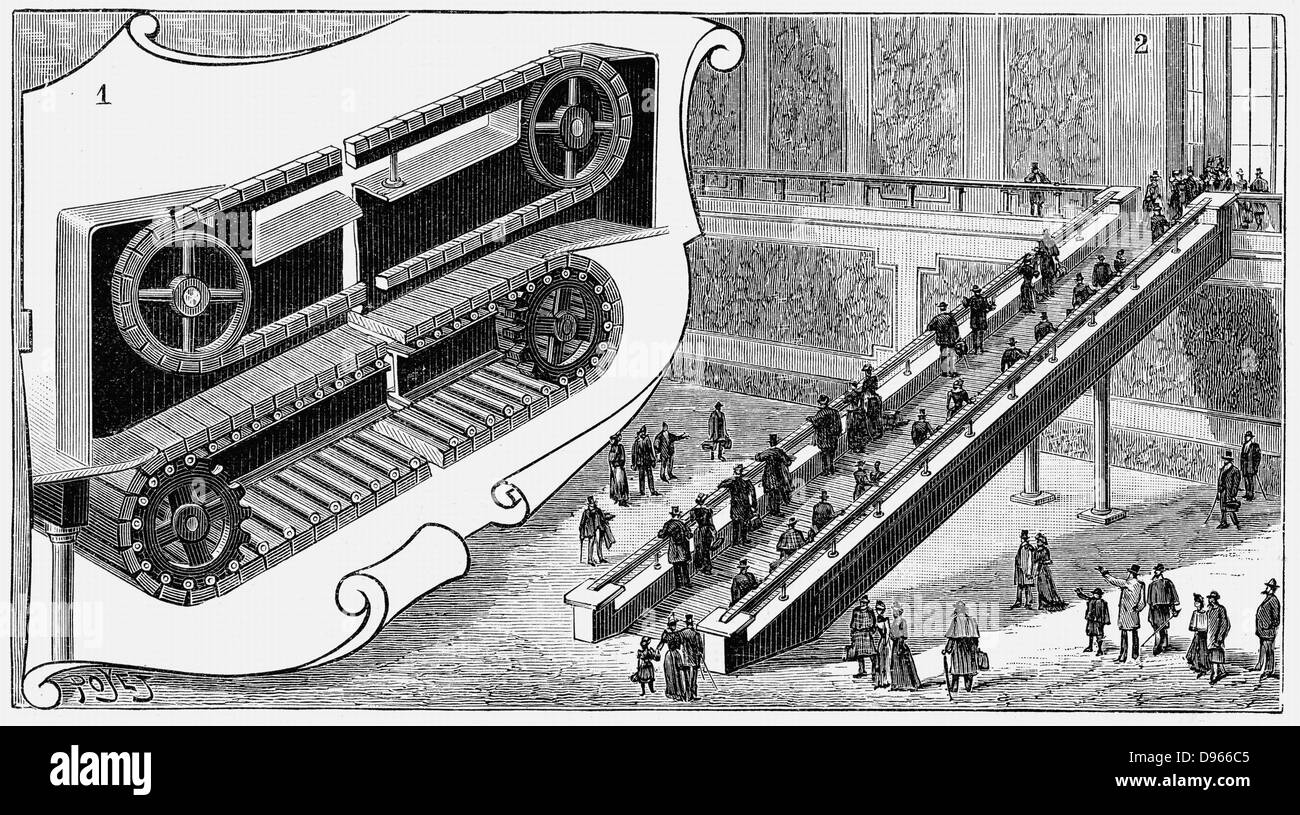 Escalator at the Pennsylvania Railroad Company's Cortland Street Station, New York. Reno-Cail system; electrically powered; length 13m; elevation 6m. Wood engraving, Paris, 1893 Stock Photo