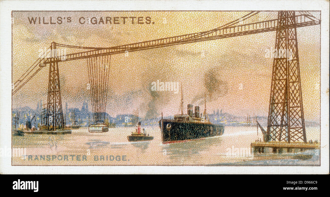 Transporter bridge, Newport, Wales, Britain, c1910. This allowed shipping to pass unimpeded and passengers and goods to be transported across river on suspended platform or gondola. Stock Photo