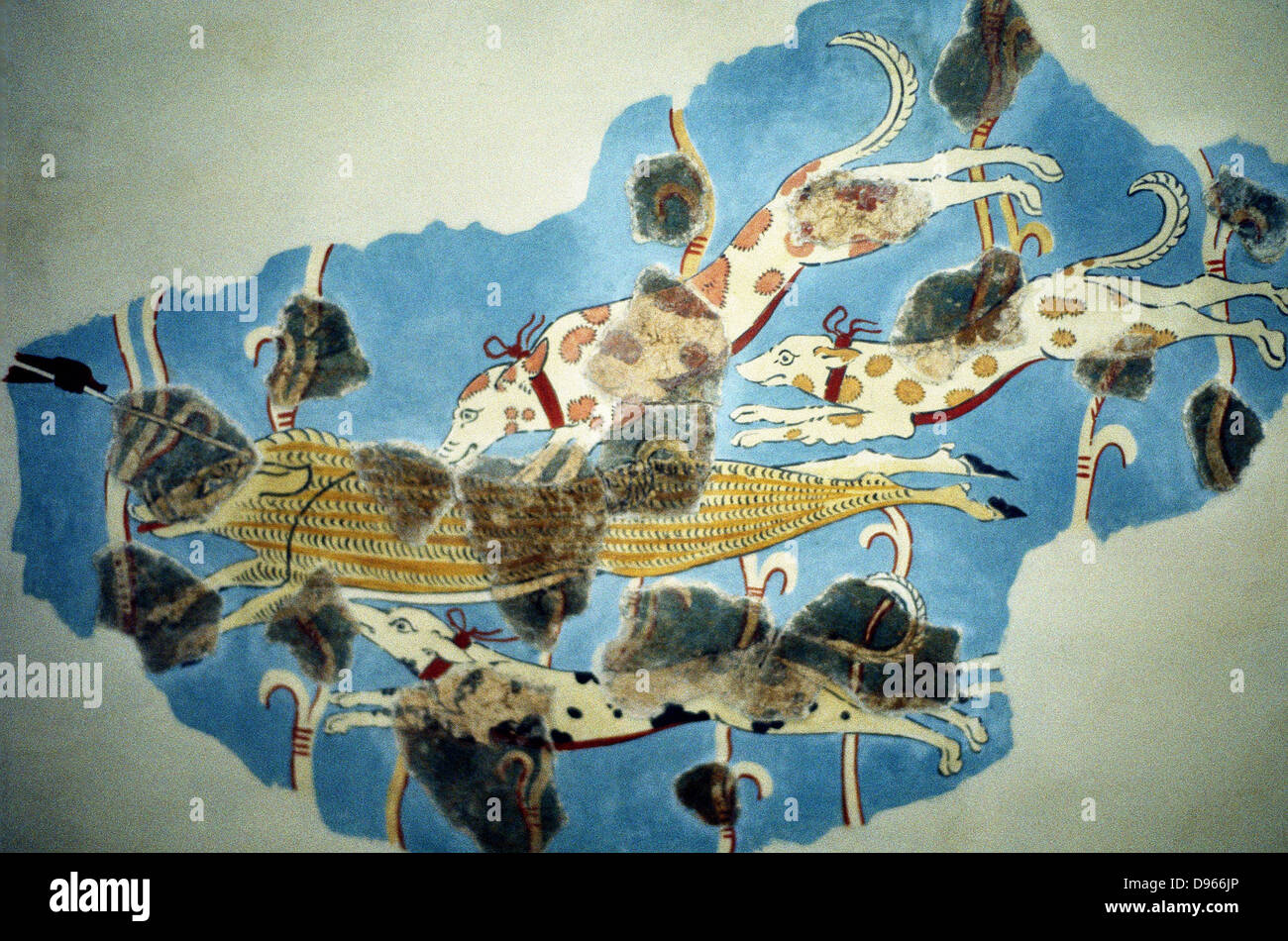 Fresco of hunting scene of dogs chasing deer (partially restored) from Tiryns (Tirins), Greece. Homeric period. Stock Photo