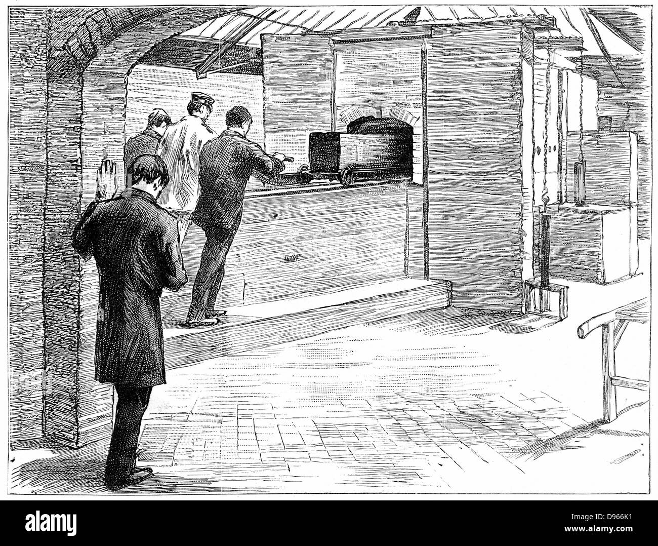 Cremation taking place at the Cremation Society of England, St John's, Knaphill, Woking, Surrey. Engraving, 1889. Stock Photo