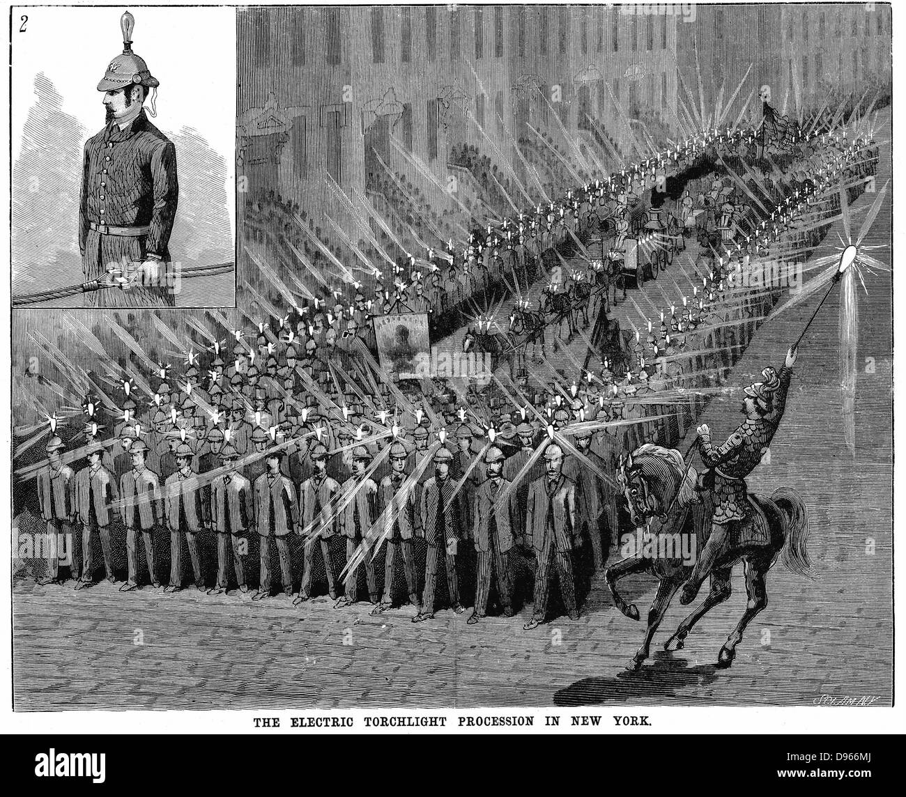 Torchlight parade in New York using Edison incandescent lamps. Generating truck drawn by horses is in centre of parade of men. Inset picture shows how current passed to each man. From 'Scientific American',  New York, 1884. Stock Photo