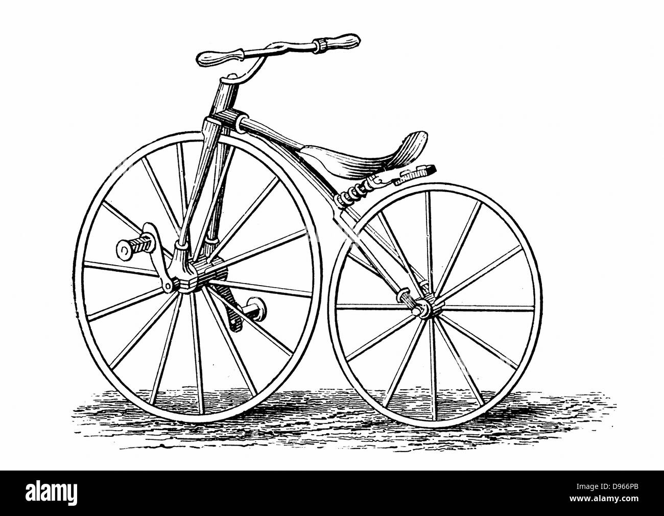 Pickering's crank-pedal driven bicycle, an American design. Wood engraving c1880. Stock Photo