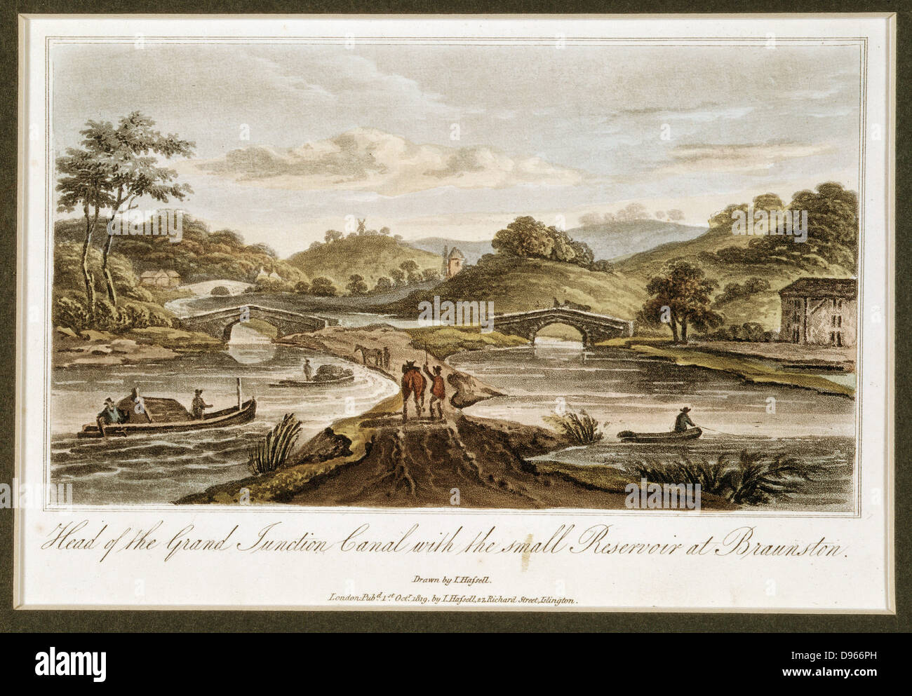 Grand Junction Canal: Head of canal at Braunston, Northamptonshire, showing small reservoir. Part of network linking London with Midlands manufacturing towns, and with Liverpool. Chief engineer, William Jessop: Resident engineer, James Barnes. From J.Hassell 'Tour of the Grand Junction Canal', London, 1819. Aquatint. Stock Photo