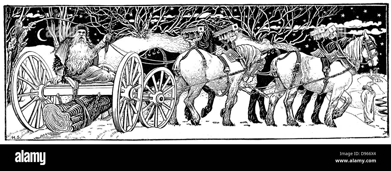 Bringing home the Yule Log. Father Christmas driving a team of cart horses pulling a timber wagon. Headpiece by Heywood Sumner in 'The English Illustrated Magazine', London, 1883. Wood engraving Stock Photo