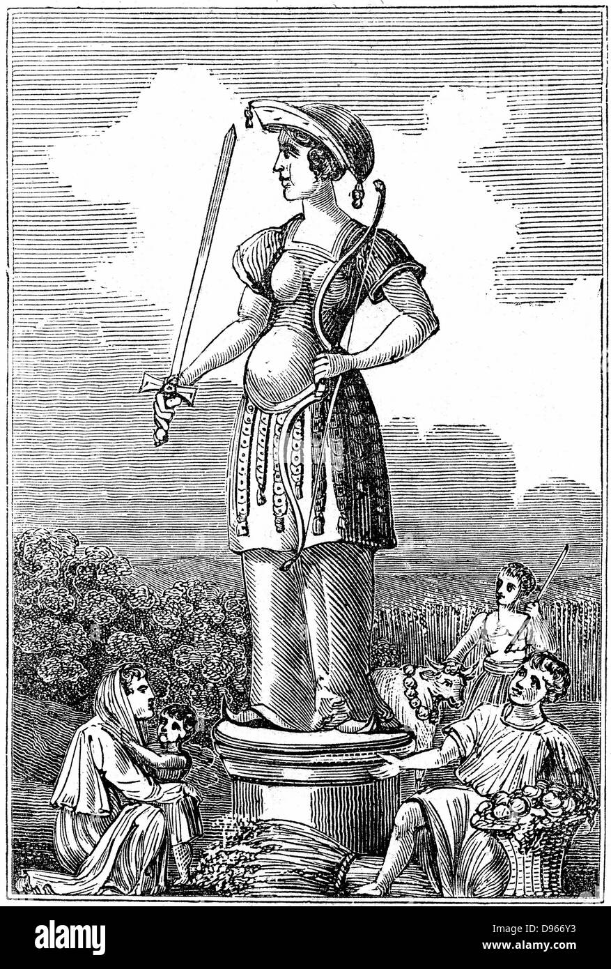 Freya or Frigg goddess of love in Scandinavian mythology, wife of Odin. Friday is named for her. Woodcut, London, 1834. Stock Photo