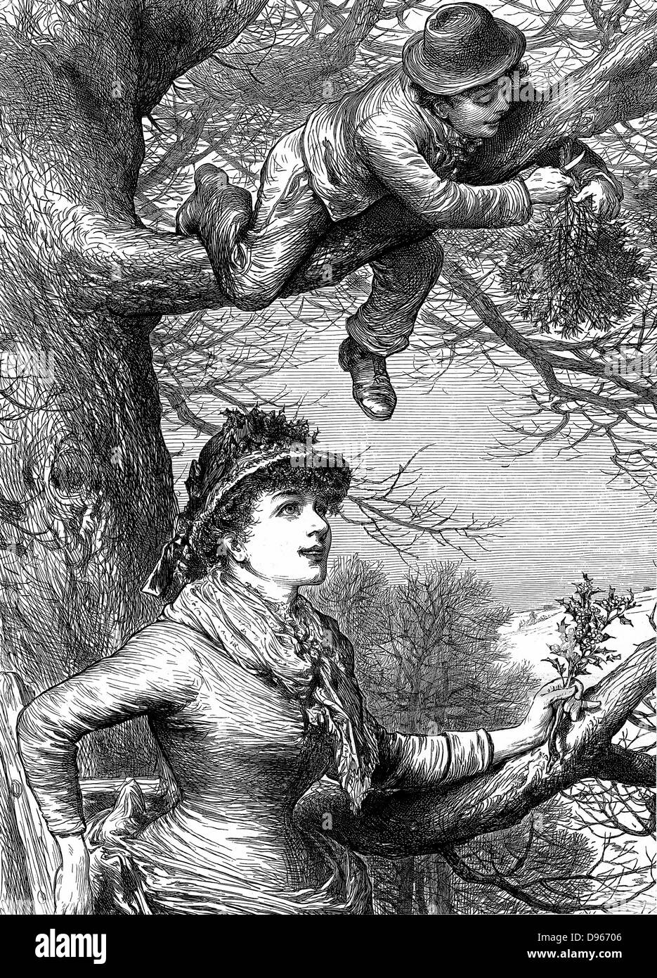 Cutting the Mistletoe Bough for Christmas decoration. Wood engraving, 1886. Stock Photo