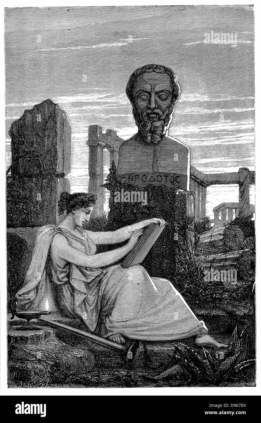 Herodotus (c4485-425 BC), historian, called the Father of History. Figure of Herodotus based on an antique bust . Wood engraving 1866. Stock Photo