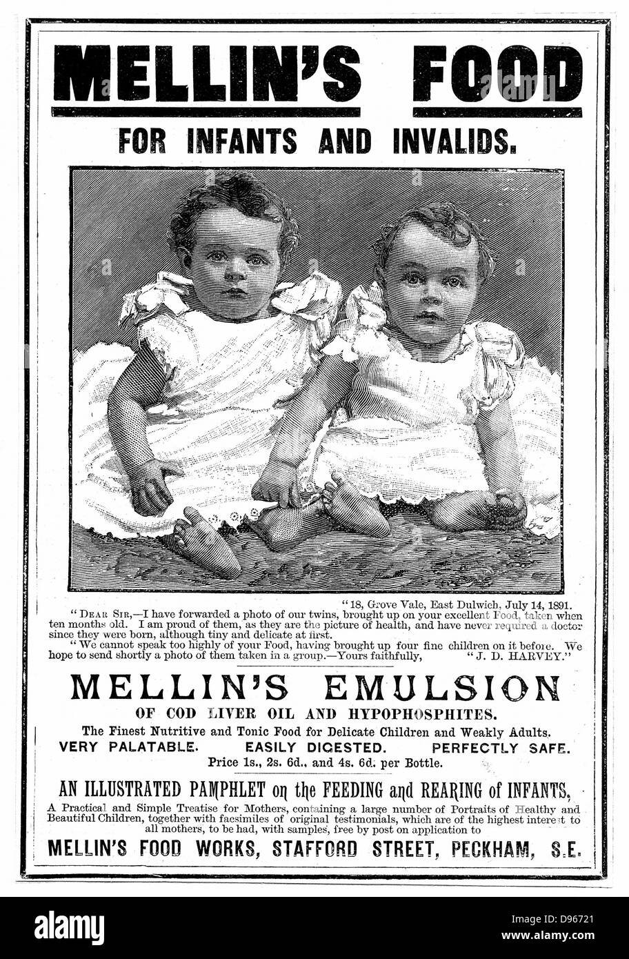 Advertisement for Mellin's Emulsion, food supplement based on cod liver oil, recommending it for children and invalids. Magazine advertisement  c1890. Engraving. Stock Photo