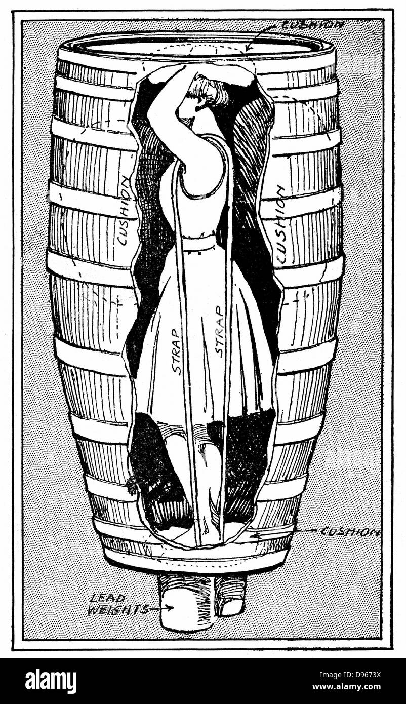 Diagram of the American Mrs Anne Edson Taylor in the barrel in which she plunged over the Niagara Falls on 25 October 1901, her forty-third birthday.  First person to survive such a journey. Engraving Stock Photo