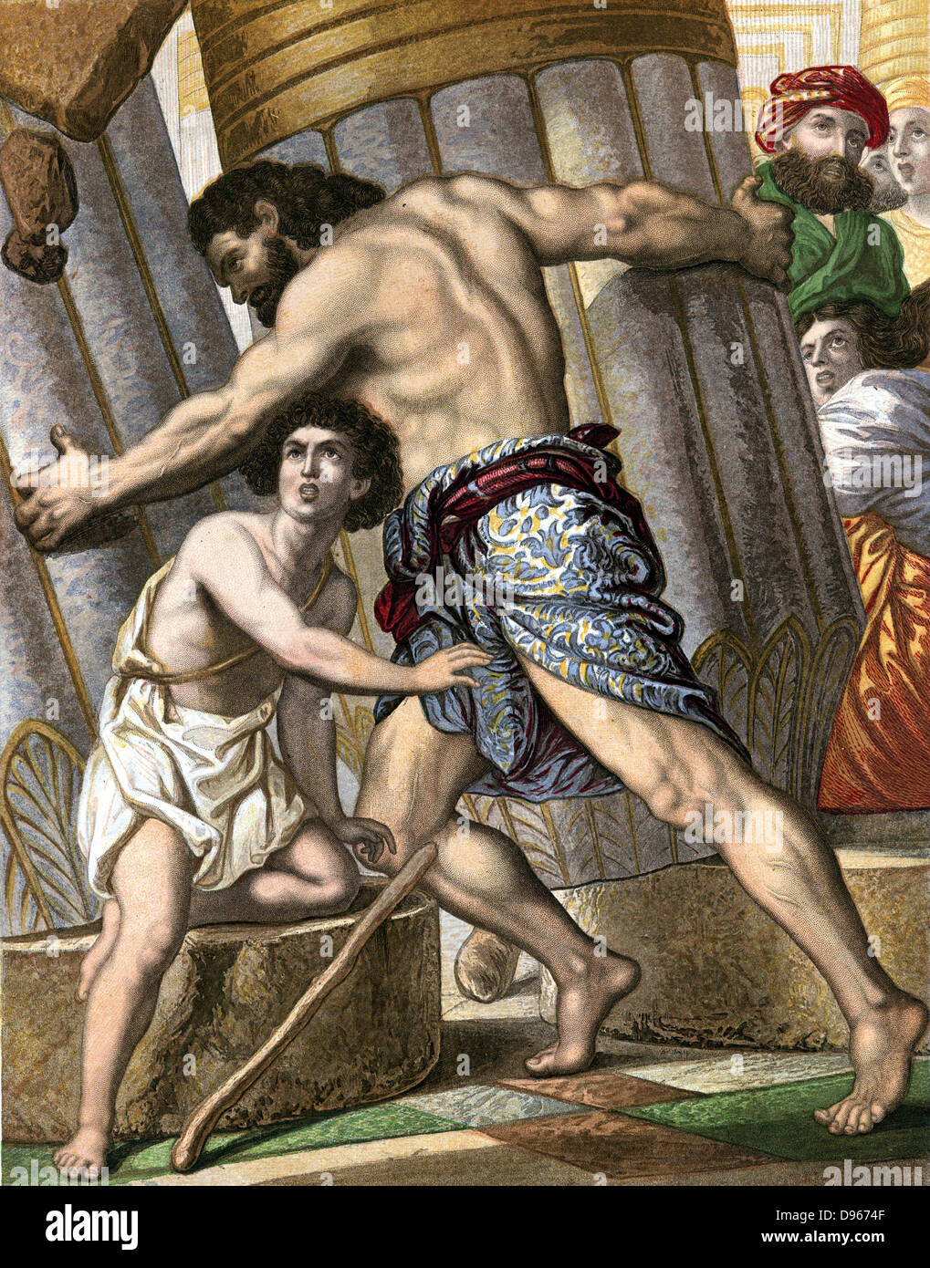 Samson pulling down the Temple of Dagon, god of the Philistines. Bible: Judges XVI. Mid-19th century chromolithograph Stock Photo
