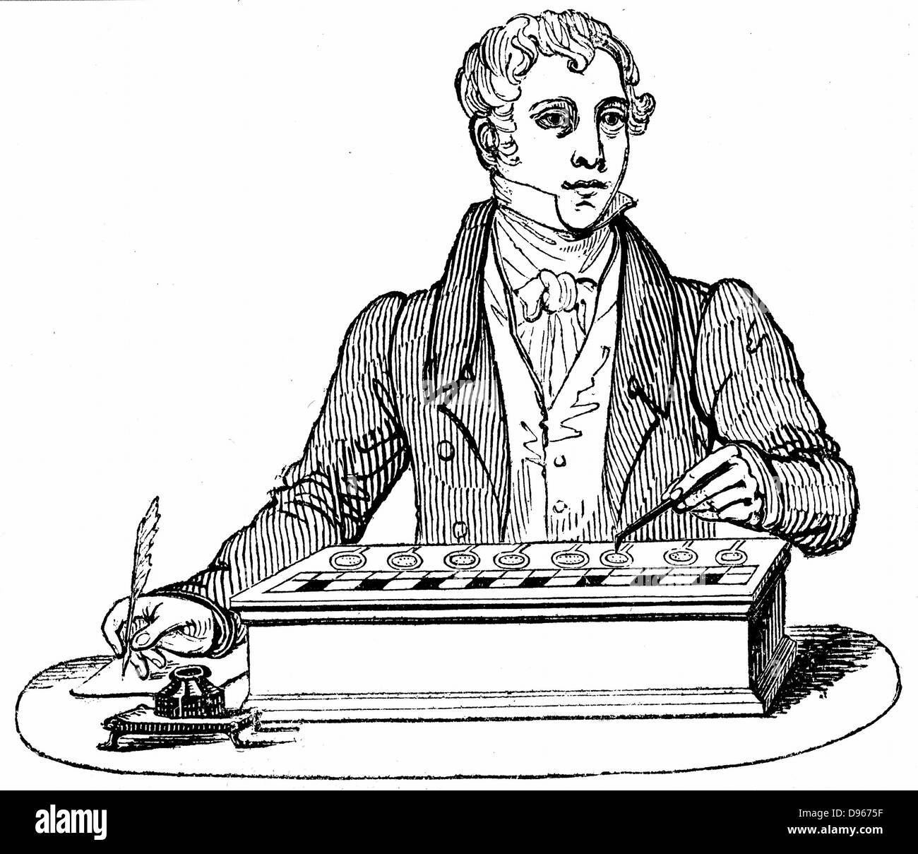 Clerk using a Pascal (1623-1664) type of adding machine. Woodcut  London, 1835 Stock Photo