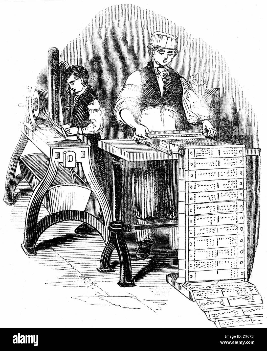 Preparing punched cards for a Jacquard loom. Card for each weft thread of pattern. 400-800 normal, but sometimes 24,000 were worked. From George Dodd 'The Textile Manufactures of Great Britain', London, 1844. Engraving Stock Photo