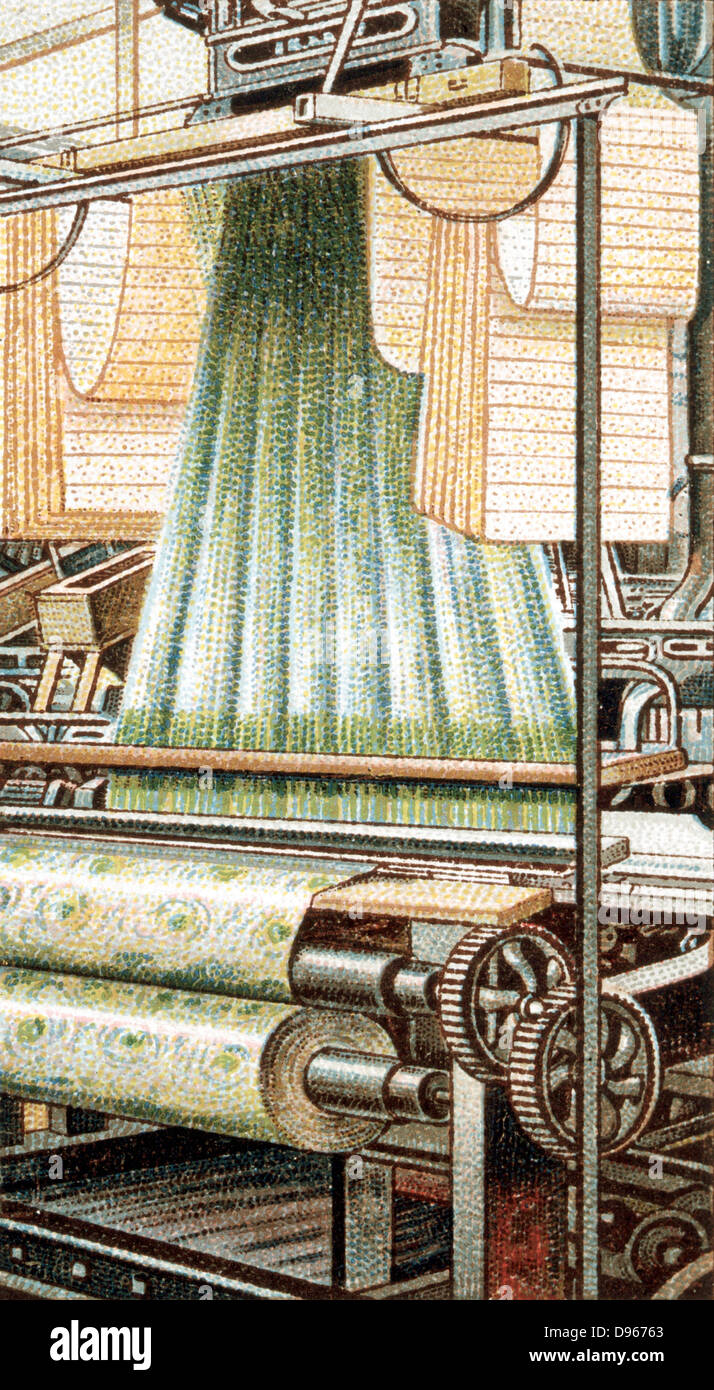 Jacquard Loom. Power operated development of Joseph Marie Jacquard's (1752-1834) invention, showing swags of punched cards on which the pattern to be woven was encoded. Chromolithograph, 1915. Stock Photo