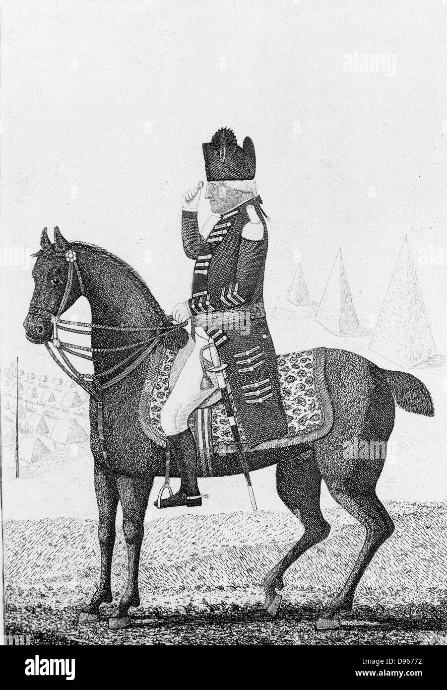 Ralph Abercromby (1734-1801) Scottish general. Served in Seven Years'  War.  Defeated French at Alexandria (Aboukir), 21 March 1801, but died of his wounds. John Kay cartoon of 1801 showing Abercromby mounted and using a spyglass (telescope). In right background are 3 pyramids and on left an army under canvas. Etching. Stock Photo