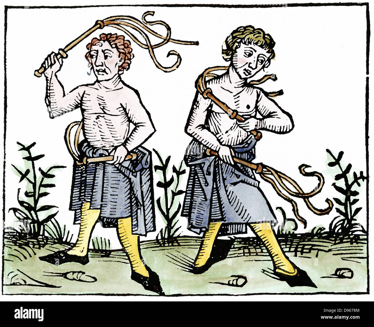 Flagellants. At time of Black Death in Europe, sect went through streets scourging themselves in attempt to take sins of population on themselves and save them from God's wrath manifested in form of plague. Woodcut 1493 Stock Photo