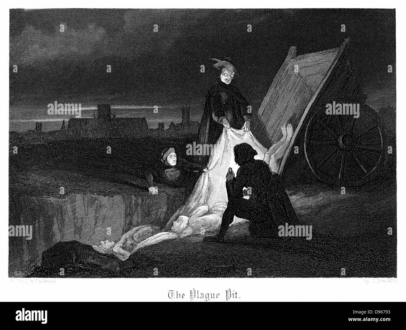 Consigning bodies of the plague to a communal grave in the plague pit - Plague of London, 1665. Illustration by John Franklin (fl 1800-61) for W Harrison Ainsworth 'Old Saint Pauls', London, 1855, first published 1841 Stock Photo