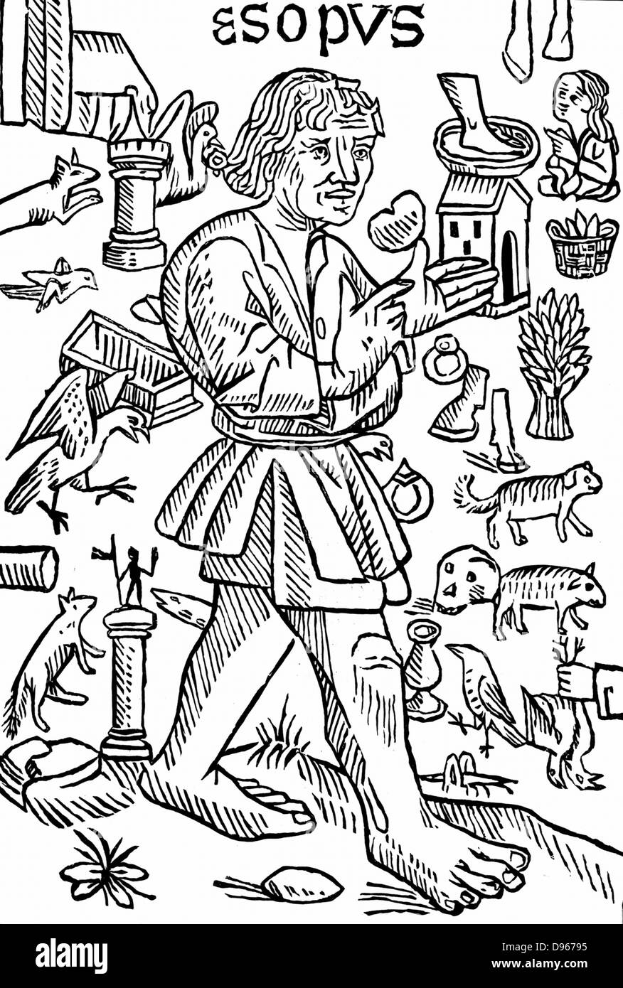 Aesop - probably legendary Greek fabulist. According to Herodotus, he lived in the 6th century BC. Frontispiece of William Caxton's 'Fables of Aesop', London c1480. Woodcut. Stock Photo