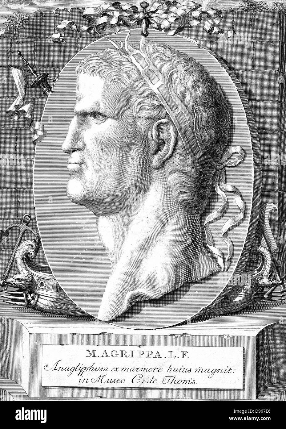 Marcus Vipsanius Agrippa (63-12 BC) Roman statesman and naval and military commander. Friend, son-in-law, and deputy of Emperor Augustus.  The  warship in the background refers to his naval victories at Mylae and Naulochus (36 BC) and against Antony at Actium (31 BC). Copperplate engraving. Stock Photo