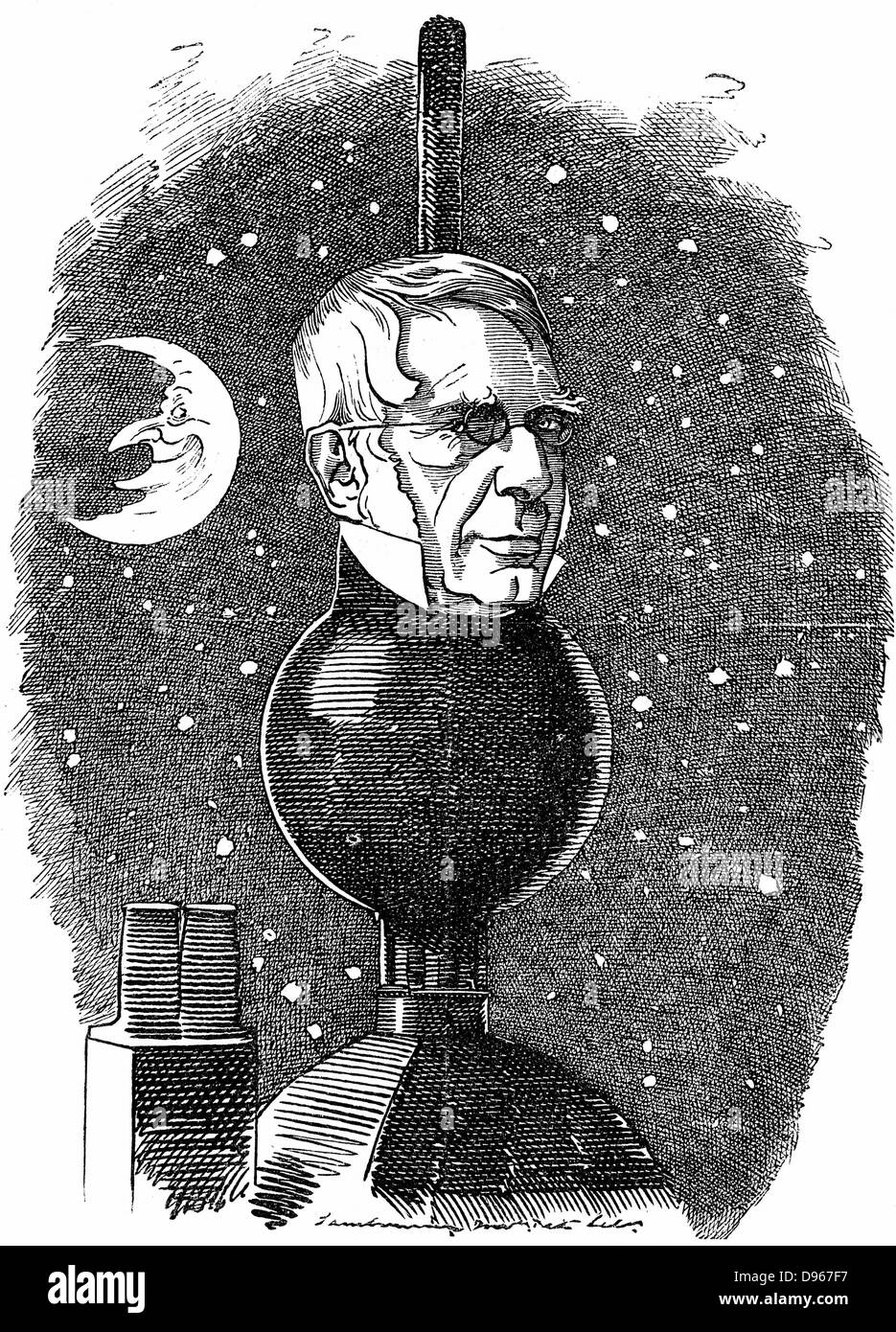George Biddell Airy  (1801-1892) English astronomer and geophysicist. Astronomer Royal (183518-81). Richard Linley Sambourne cartoon in his 'Fancy Portraits' series from 'Punch' London  May 1883 showing Airy on turret of Flamsteed House, Greenwich (Royal Stock Photo